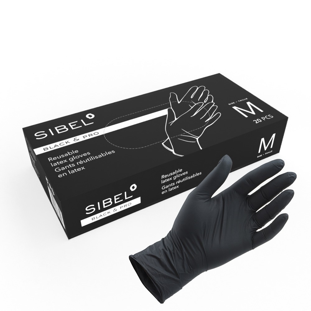 SIBEL Black&Pro Gloves Reuseable Latex Satin Black M 20pcs